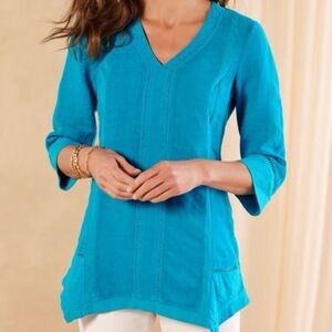 Soft Surroundings Léonie Tunic 100% Linen Turquoise Blouse Sz LP